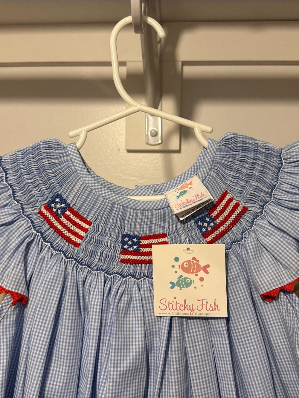 Stitchy Fish Girls' Blue Gingham Dress with Flag Smocking